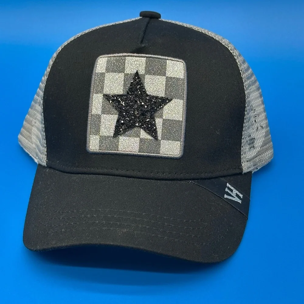 Vintage Havana Womens OS Trucker Hat Black Silver Glitter Star Checkered Glam